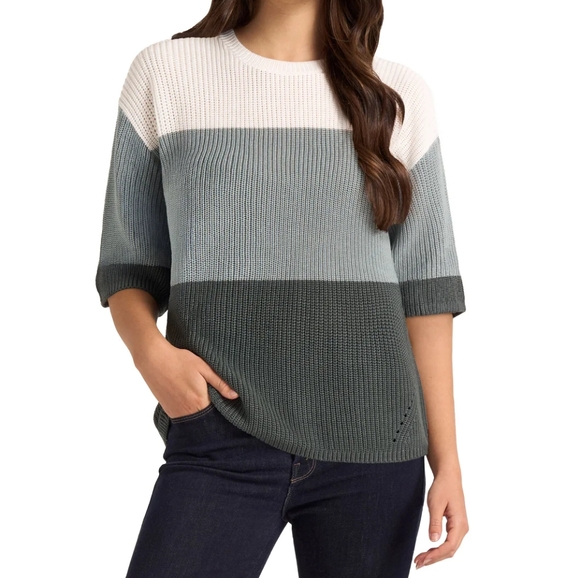 Matty M Women's Elbow Sleeve Colorblock Sweater - White and Green - Picture 1 of 5